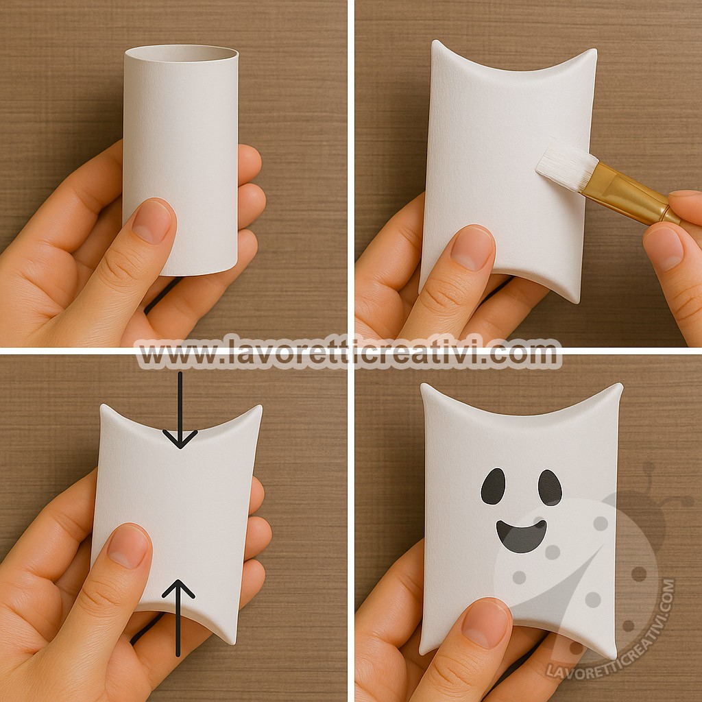 Passaggi per creare un porta caramelle fantasma Halloween con un rotolo di carta igienica dipinto di bianco.