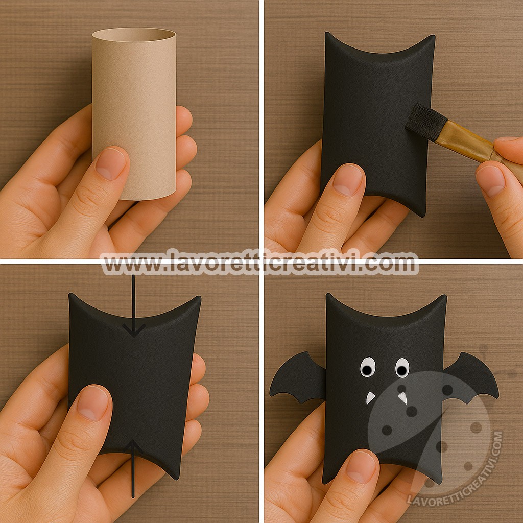 Passaggi per creare un porta caramelle pipistrello Halloween con rotolo di carta igienica dipinto di nero e ali di cartoncino.