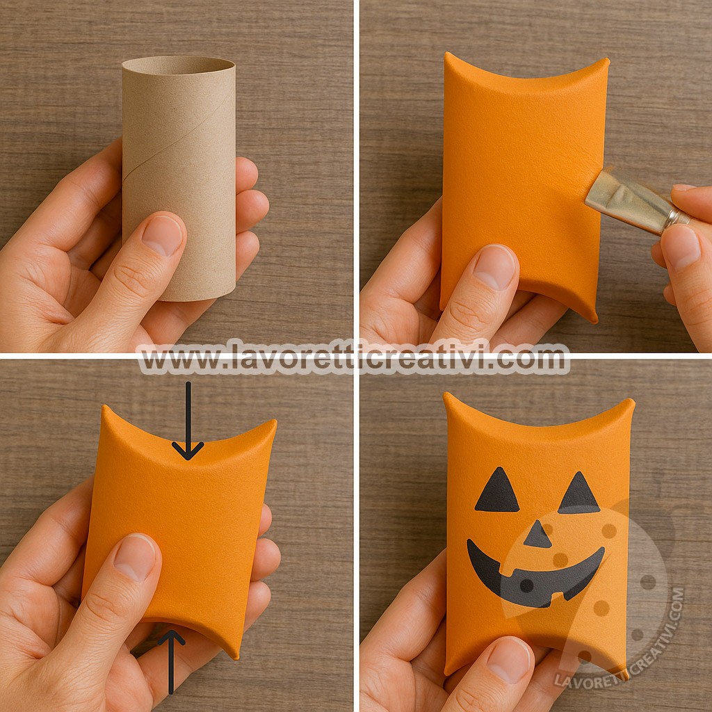 Passaggi per creare un porta caramelle a forma di zucca con un rotolo di carta igienica dipinto di arancione.
