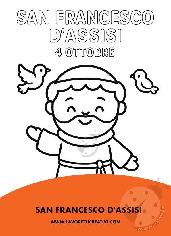 San Francesco per bambini da colorare con saio, cordone e due uccellini, festa 4 ottobre.