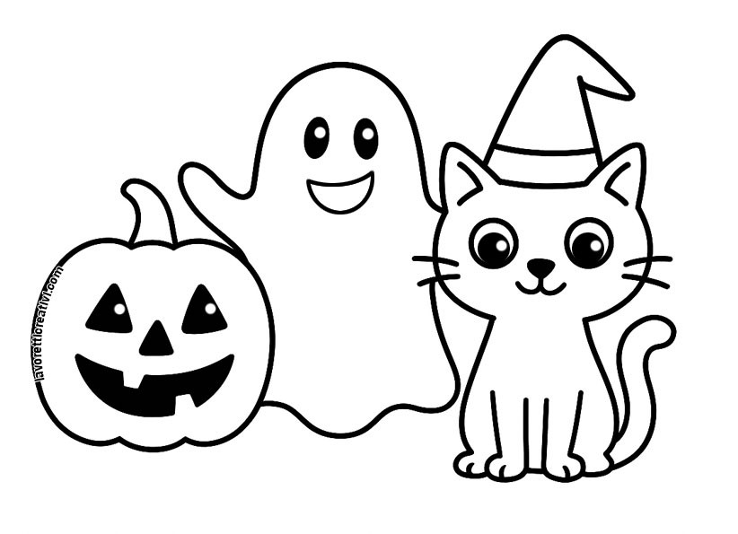 zucca fantasma e gatto di Halloween da colorare.