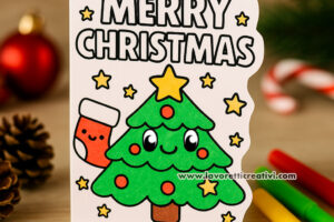 Biglietto con albero di Natale sorridente in bianco e nero 8 biglietto natale kawaii da colorare