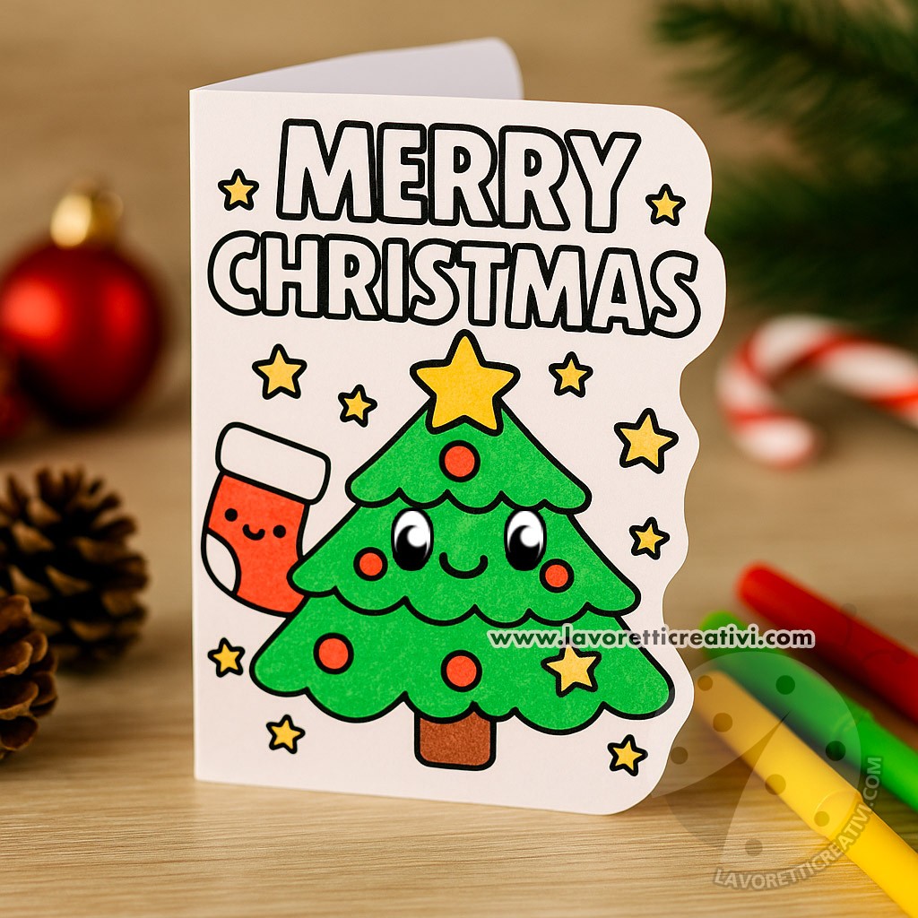 Biglietto con albero di Natale sorridente in bianco e nero 7 biglietto natale kawaii da colorare