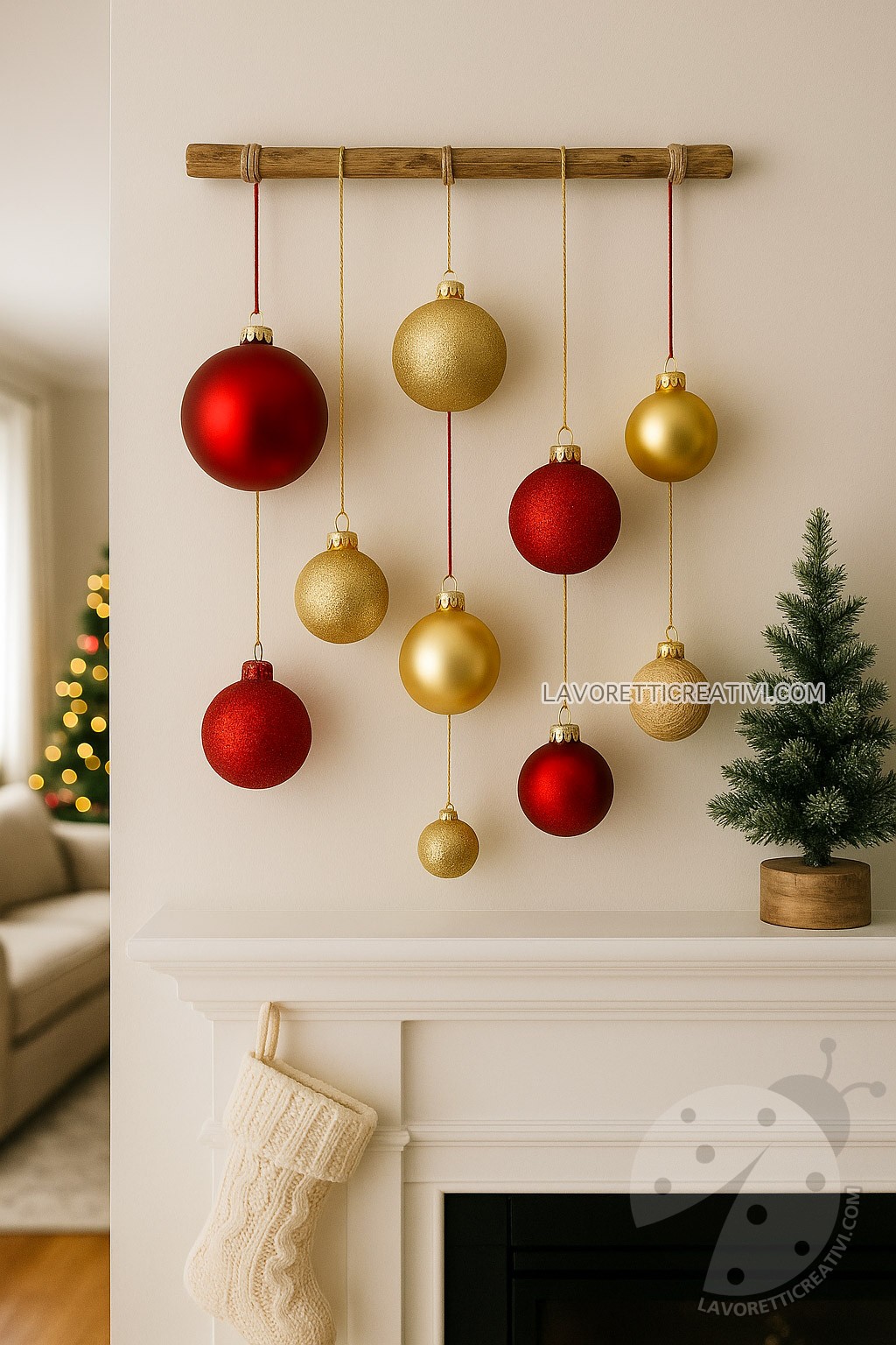 Decorazione natalizia a parete con palline 7 Decorazione natalizia a parete con palline rosse e oro di diverse dimensioni sospese da un bastone in legno sopra un caminetto bianco, ambiente luminoso con albero di Natale sfocato sullo sfondo.