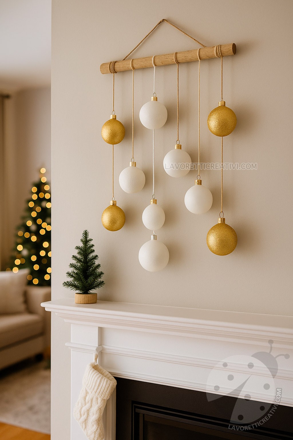 Decorazione natalizia a parete con palline 8 Decorazione natalizia a parete con palline sospese in bianco e oro appese a un bastone in legno sopra un caminetto bianco con calza in maglia e piccolo albero decorativo, in ambiente elegante e luminoso.