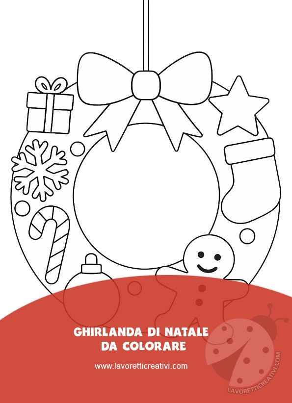 Ghirlanda di Natale da colorare con fiocco, linee nere su sfondo bianco.