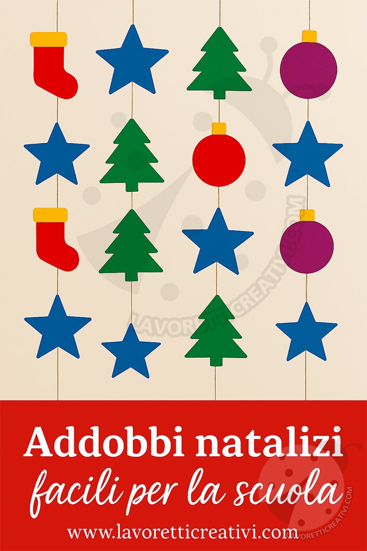 Decorazioni natalizie appese in aula 8 decorazioni natalizie appese in aula con sagome colorate di alberi, stelle, palline e calze.