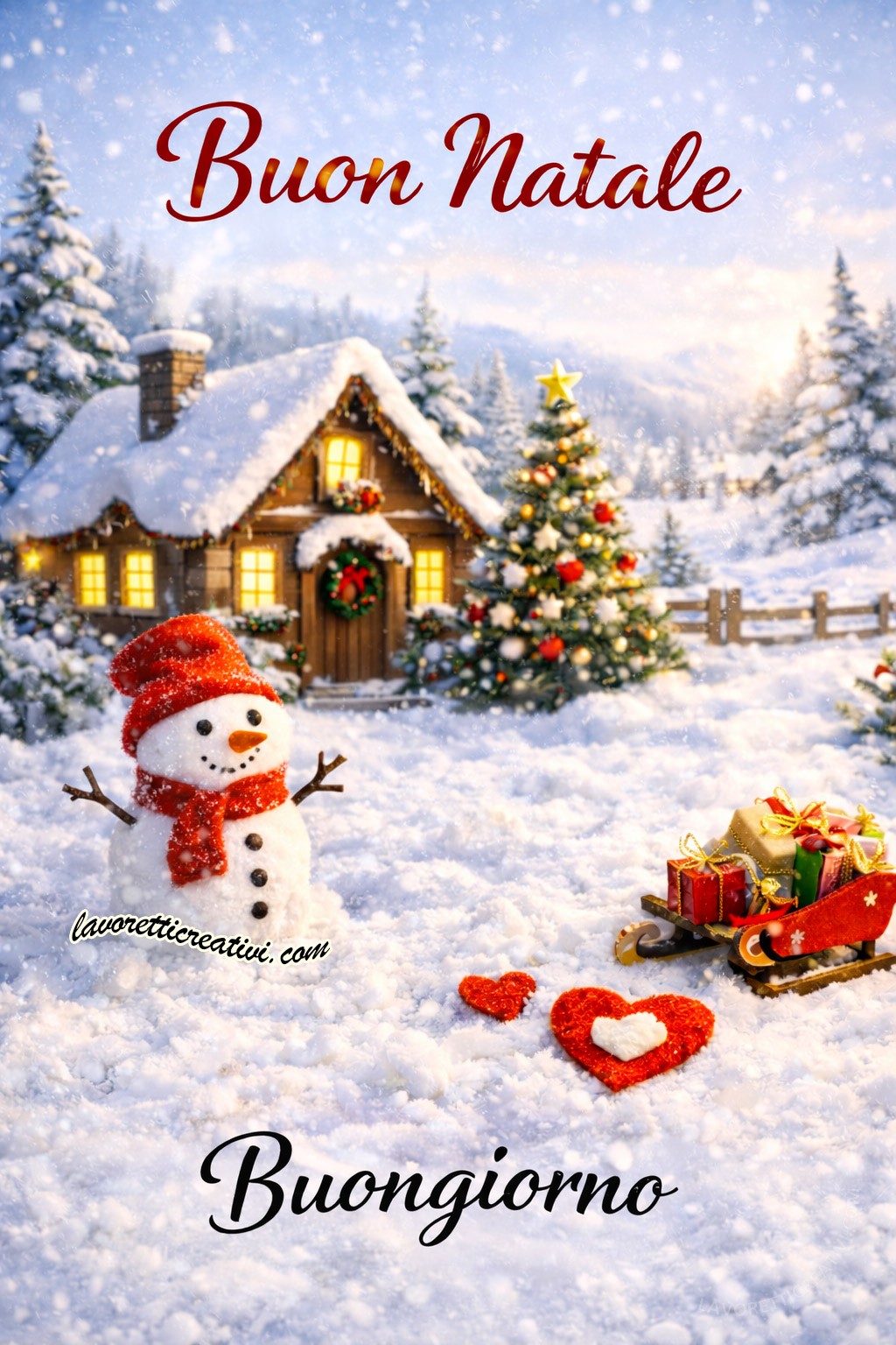 Immagine Buongiorno Natalizio con pupazzo di neve davanti a una casetta e albero di Natale innevati