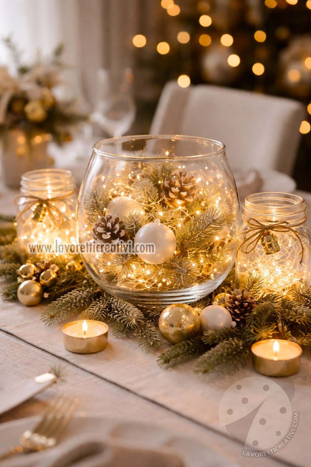 Idee centrotavola natalizi con vasi in vetro e lucine 9 centrotavola di natale semplice 1