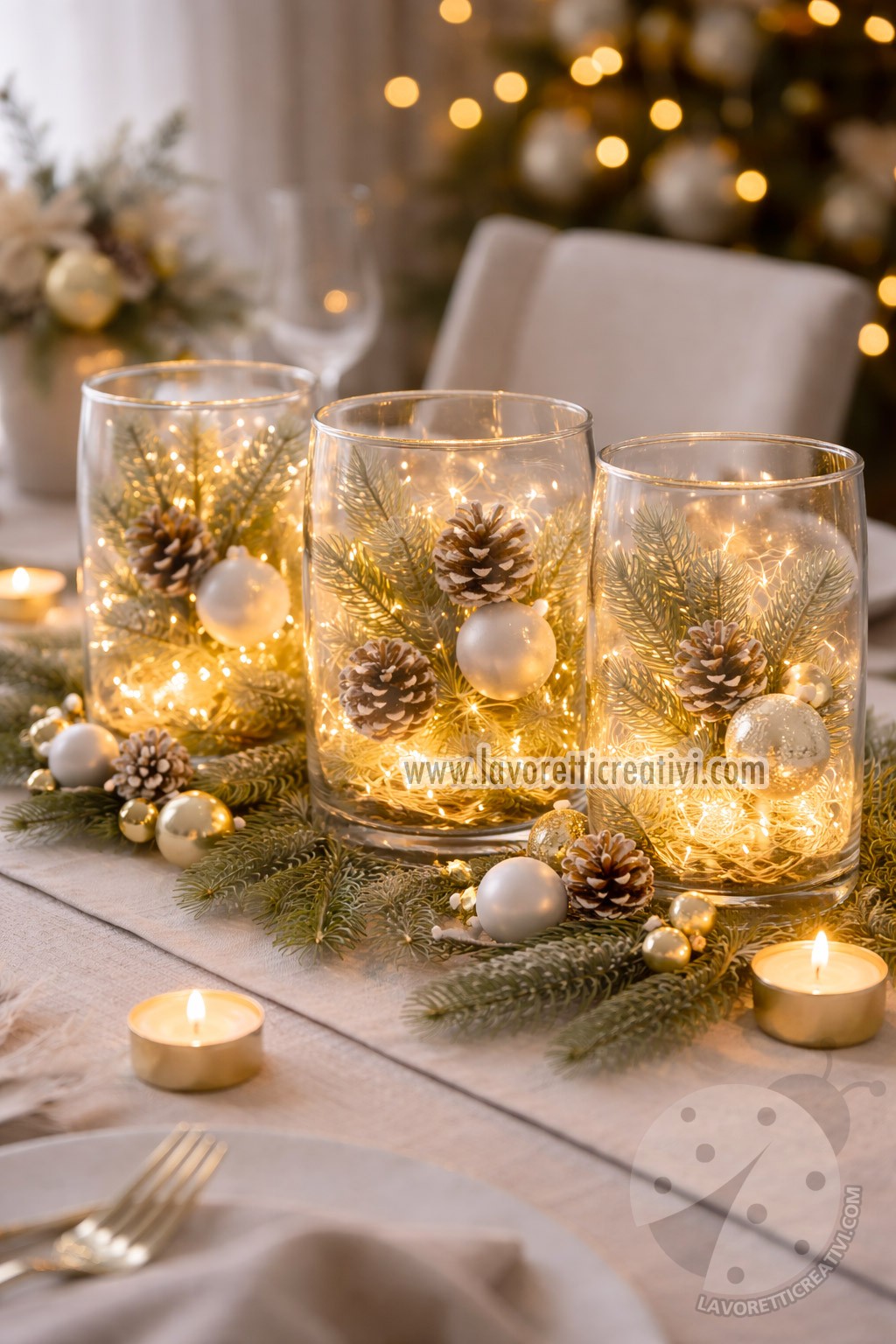 Idee centrotavola natalizi con vasi in vetro e lucine 8 centrotavola natalizio elegante