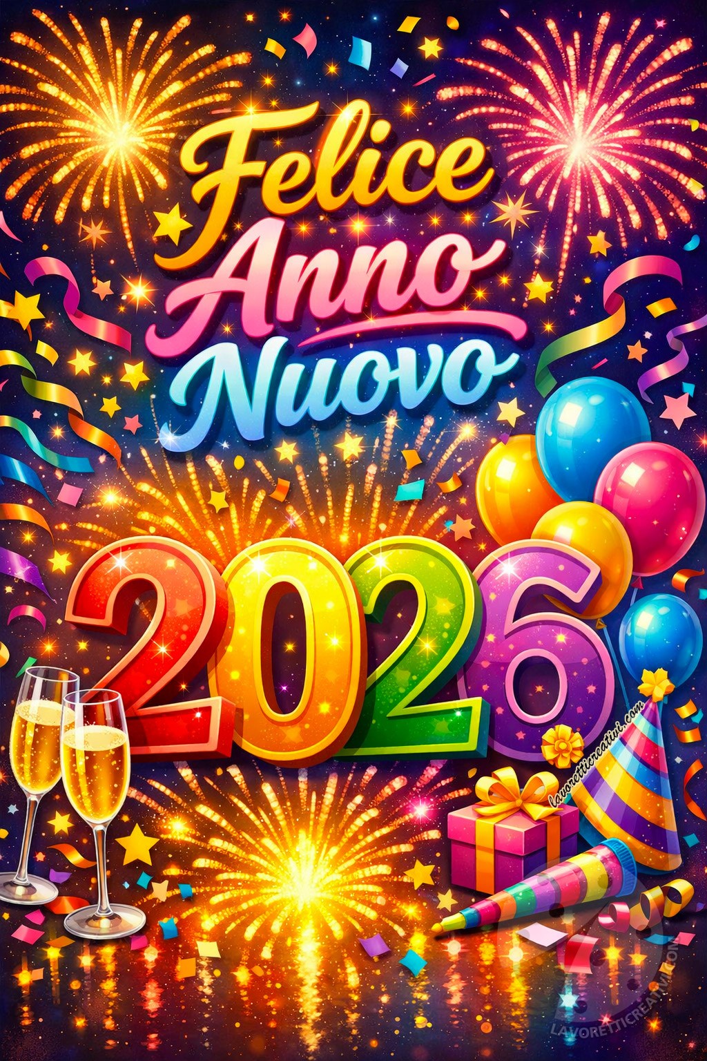 Immagine Felice Anno Nuovo 2026 in 3D con fuochi d’artificio, palloncini e decorazioni festive
