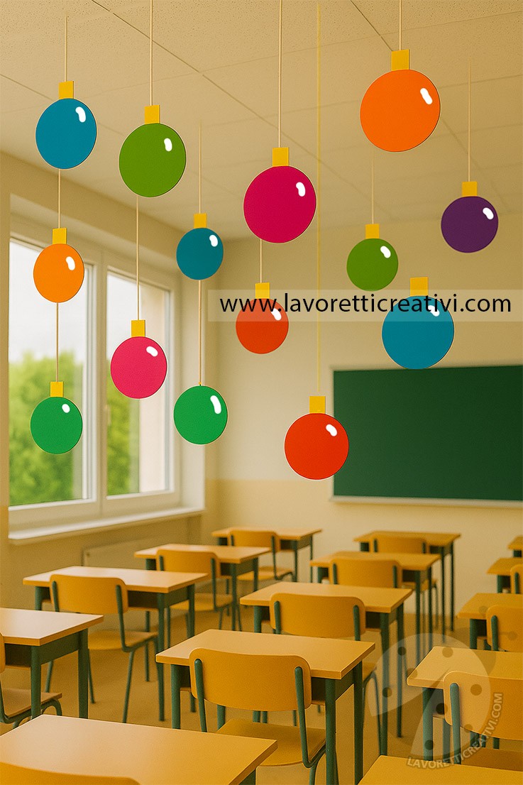decorazioni natalizie in aula con pendenti colorati appesi al soffitto.