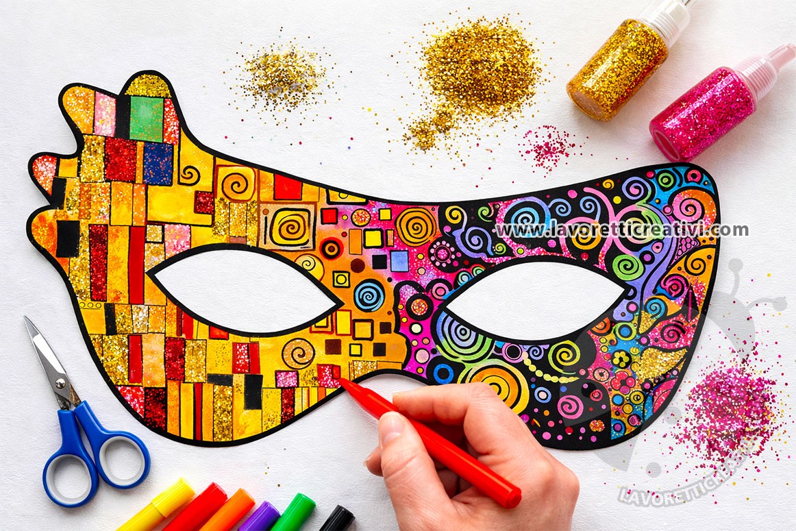 Maschera Klimt da colorare 8 maschera klimt colorata con pennarelli e glitter