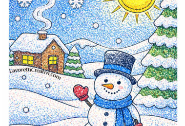 paesaggio con pupazzo di neve puntinismo