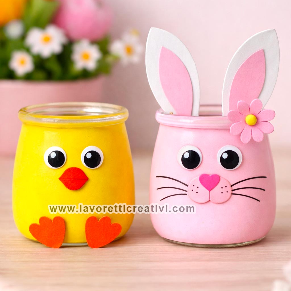 vasetti vetro pasqua fai da te pulcino coniglio