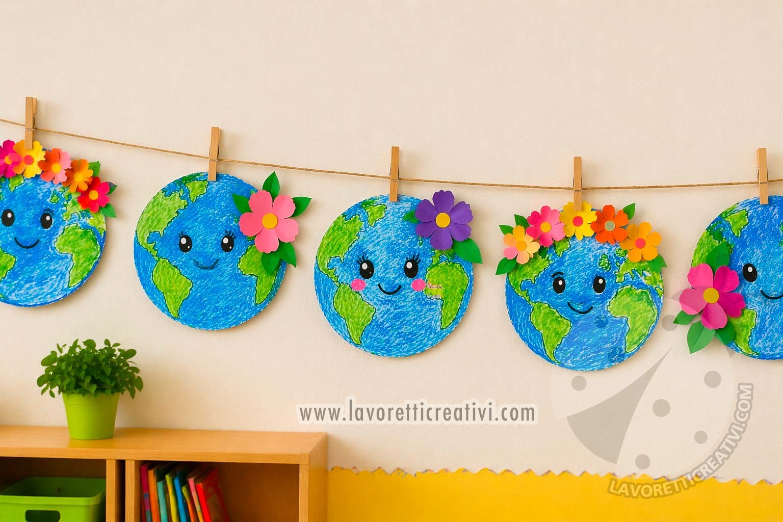 mondo con fiori decorazione classe primaria lavori bambini