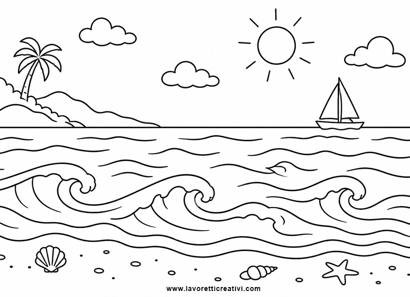Disegni del mare da colorare 9 onde e sabbia