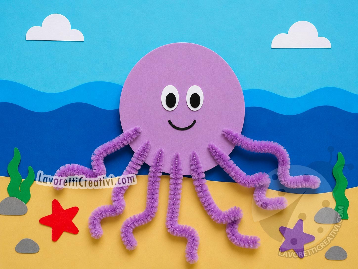 Polpo con scovolini 7 Polpo con scovolini e gomma crepla lavoretto fai da te per bambini