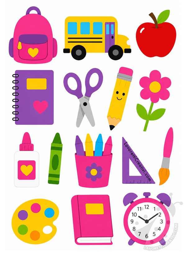 Clip art scuola 9 Clip art scuola colorata con zaino, scuolabus e materiale scolastico