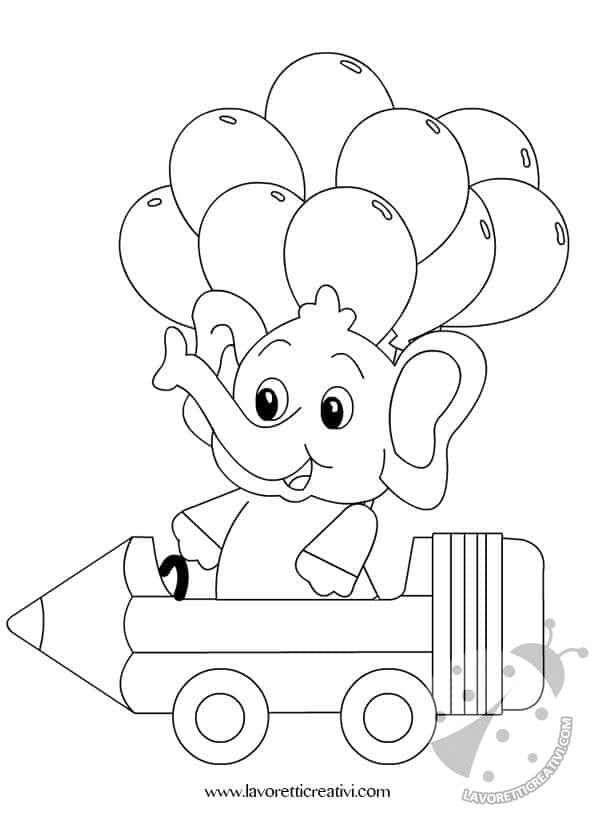 Animali per l'Accoglienza da Colorare 8 Disegno di elefante con palloncini su matita per l'accoglienza da colorare