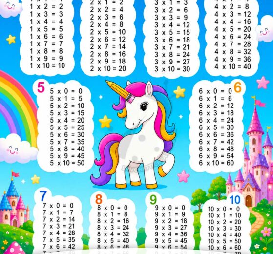 tabelline con unicorno da stampare