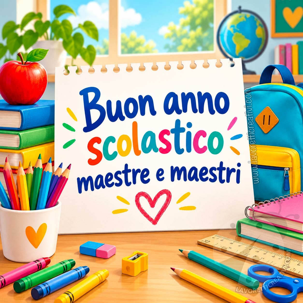Buon anno scolastico maestre e maestri 7 Immagine da condividere con la scritta Buon anno scolastico maestre e maestri, decorata con libri, matite colorate, mela, zaino e materiale scolastico.