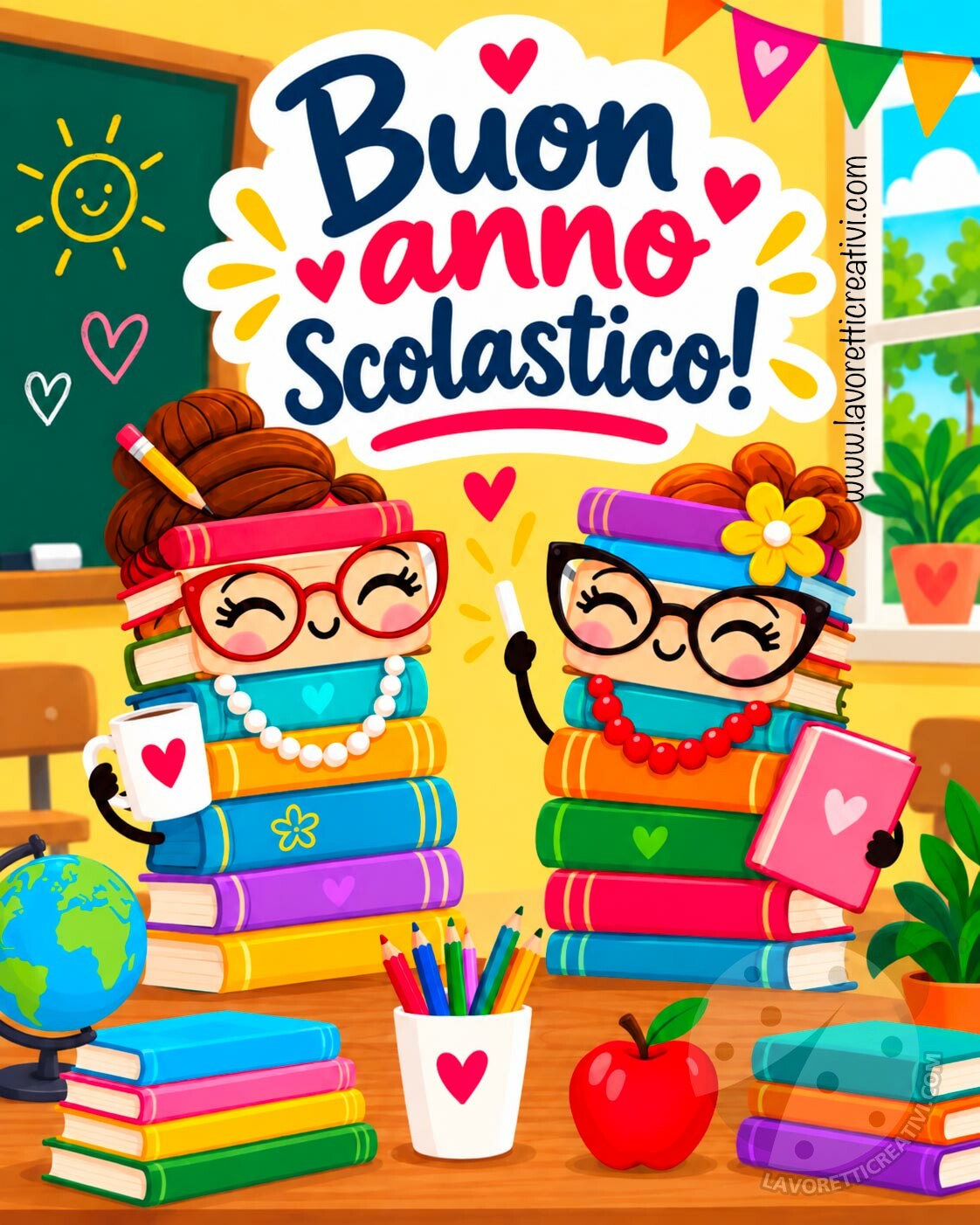 Immagine divertente da condividere per augurare buon anno scolastico, con simpatiche pile di libri con occhiali, collane e materiale scolastico colorato.