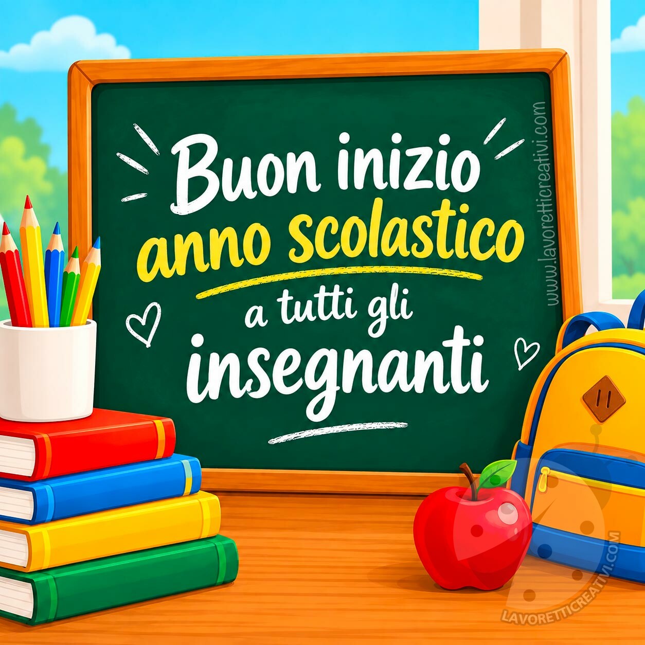 Immagine di auguri per il buon inizio dell’anno scolastico dedicata a tutti gli insegnanti, con lavagna, libri, matite, mela e zaino.