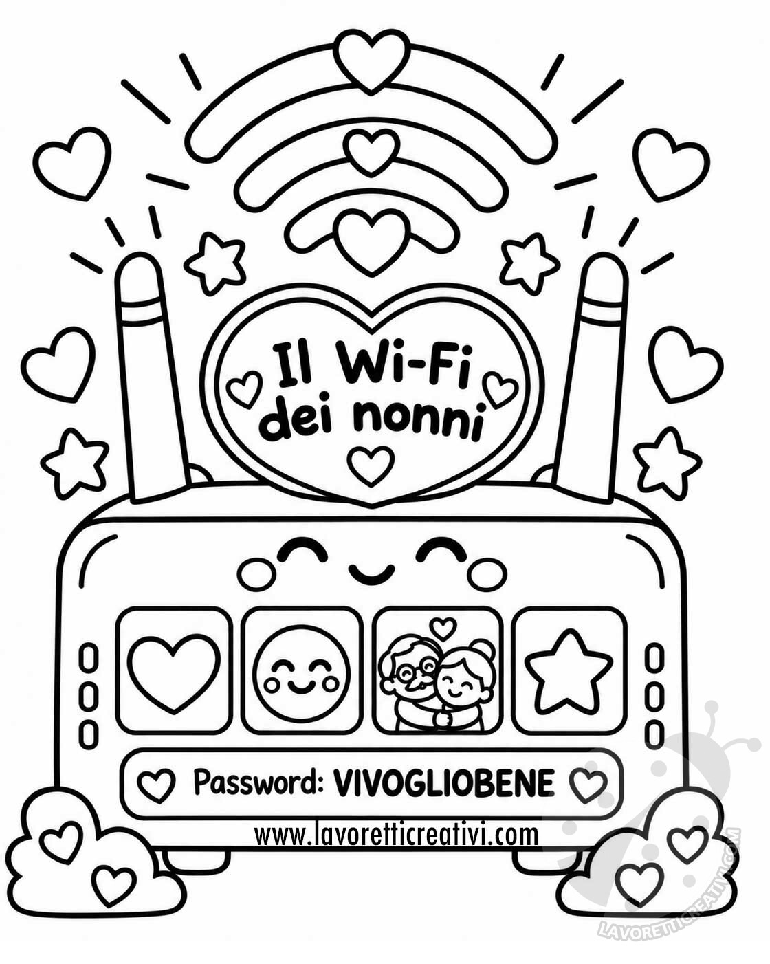 Il Wi-Fi dei nonni da colorare 7 Il Wi-Fi dei nonni da colorare con router, cuori e password VIVOGLIOBENE.