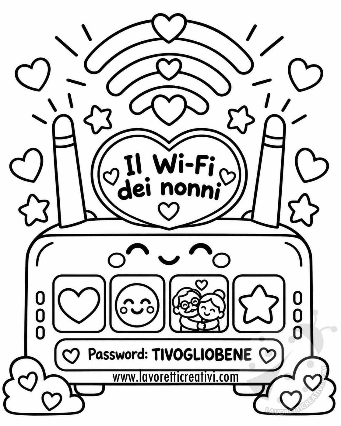 Il Wi-Fi dei nonni da colorare 7 Il Wi-Fi dei nonni da colorare con router, cuori e password TIVOGLIOBENE.