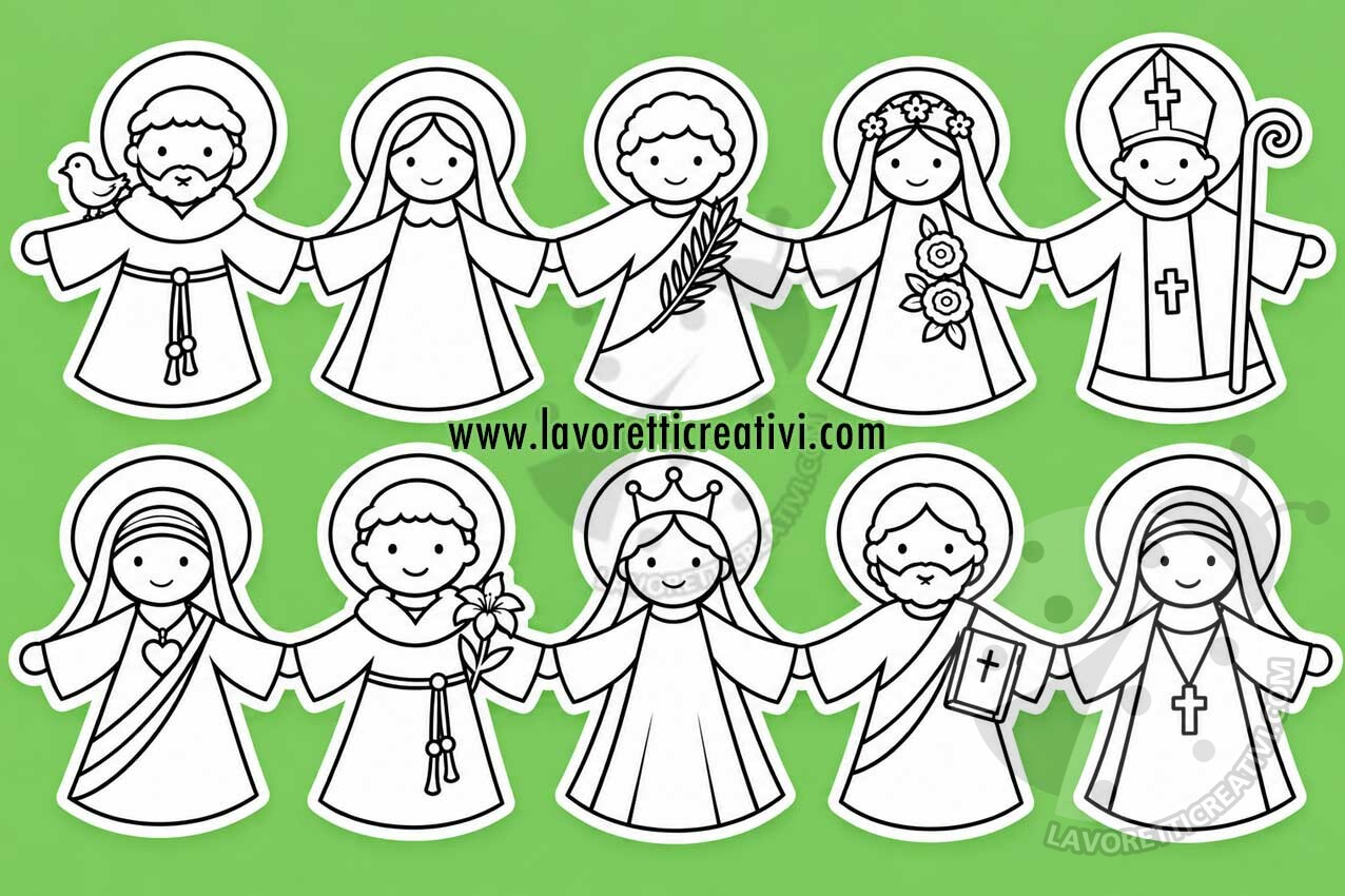 Ghirlanda dei Santi da ritagliare 8 Lavoretto di Ognissanti con santi di carta uniti per mano su sfondo verde