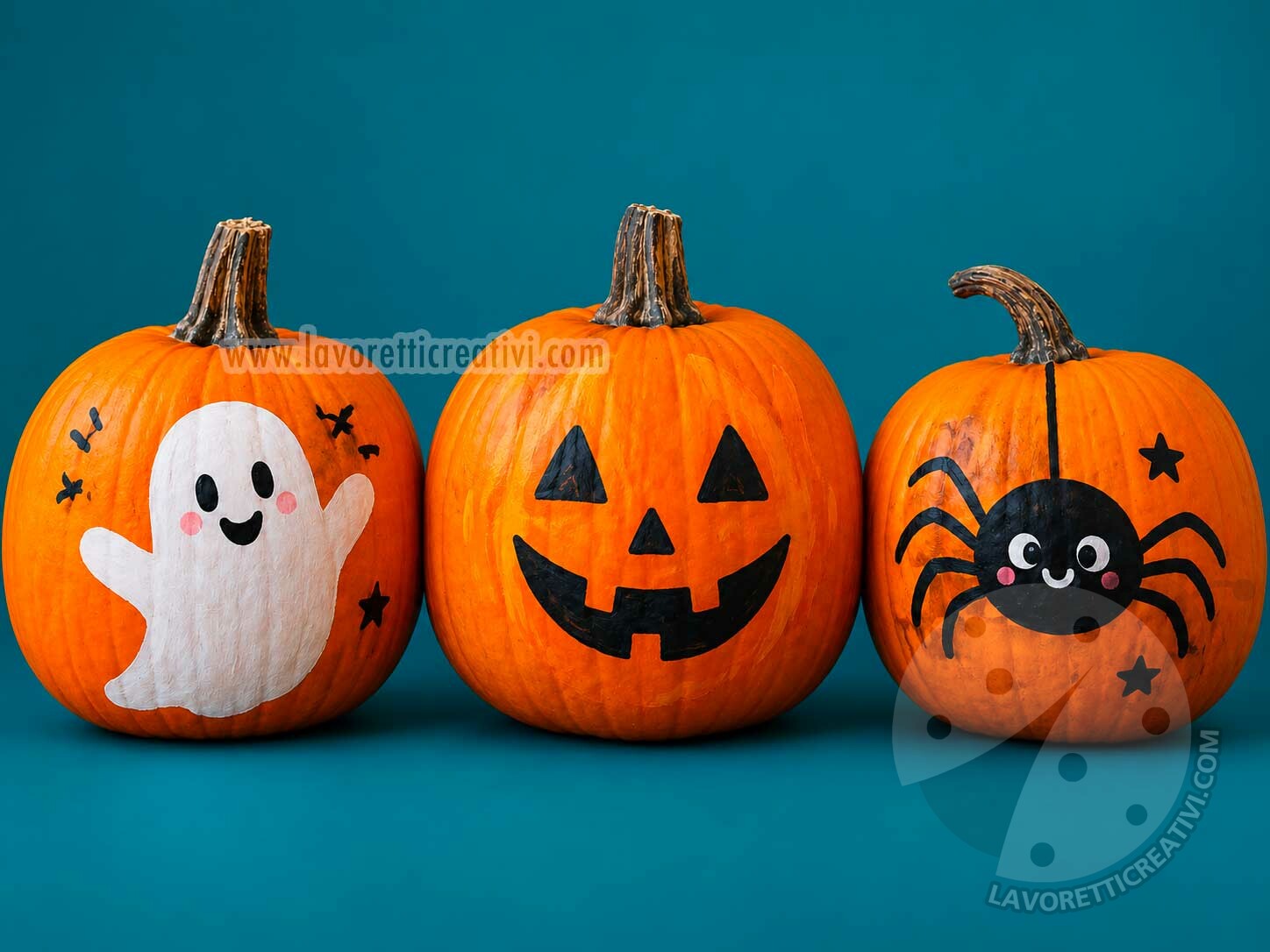 Tre zucche di Halloween dipinte con fantasma, ragno e faccia sorridente