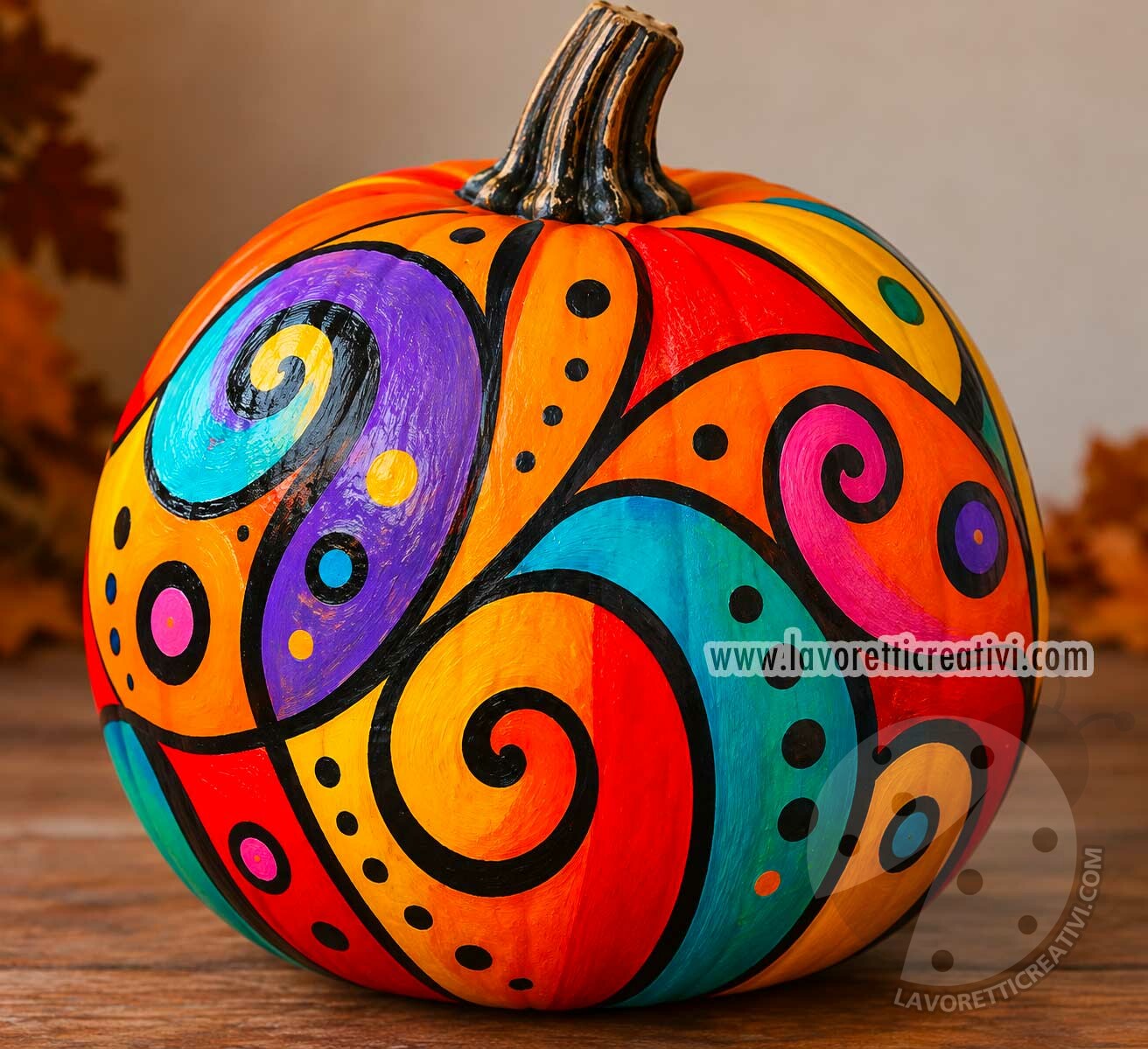 Zucca dipinta con disegni astratti, spirali e colori vivaci