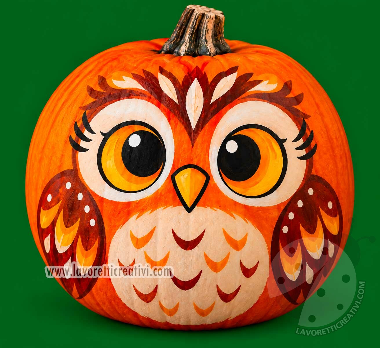 Zucca decorata con un gufo dai grandi occhi e piume colorate